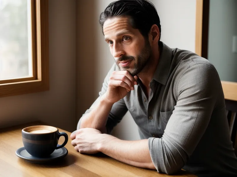 Mains tremblantes autour d'une tasse de café, signe de trac networking chez un freelance débutant en manque de confiance en soi.