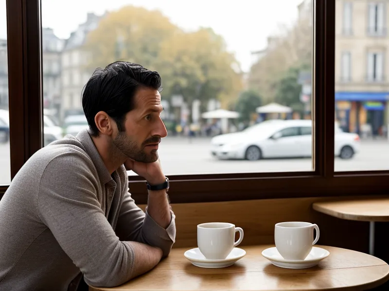Mains nerveuses sur une table de bistrot, signe d'anxiété sociale chez un graphiste indépendant en plein réseautage freelance