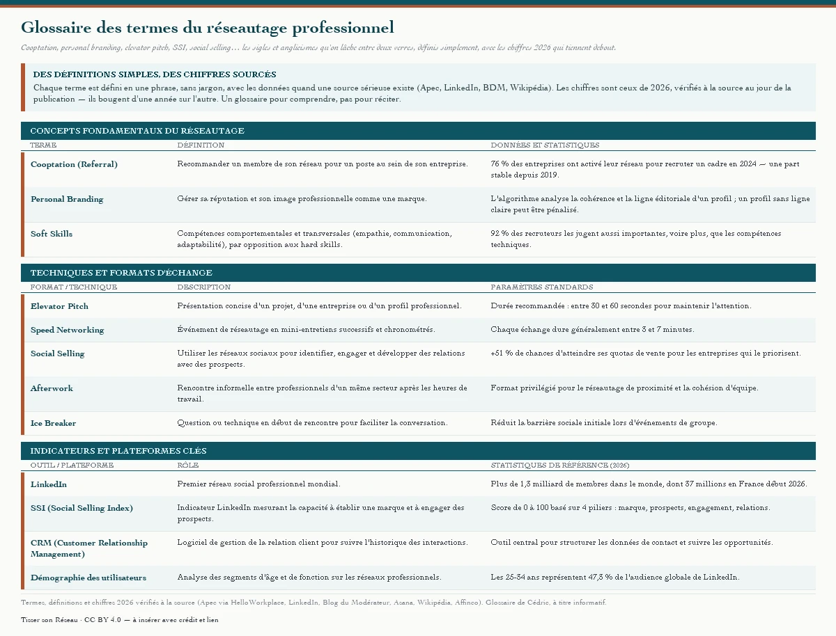 Glossaire du réseautage professionnel en trois parties. Concepts fondamentaux : cooptation (76 % des entreprises ont activé leur réseau pour recruter un cadre en 2024, une part stable depuis 2019), personal branding, soft skills (92 % des recruteurs les jugent aussi importantes, voire plus, que les compétences techniques). Techniques et formats : elevator pitch (entre 30 et 60 secondes), speed networking (entre 3 et 7 minutes par échange), social selling (+51 % de chances d'atteindre ses quotas de vente), afterwork, ice breaker. Indicateurs et plateformes : LinkedIn (plus de 1,3 milliard de membres dans le monde, dont 37 millions en France début 2026), SSI ou Social Selling Index (score de 0 à 100 sur quatre piliers), CRM, démographie des utilisateurs (les 25-34 ans représentent 47,3 % de l'audience de LinkedIn). Définitions simples et chiffres 2026 vérifiés à la source.